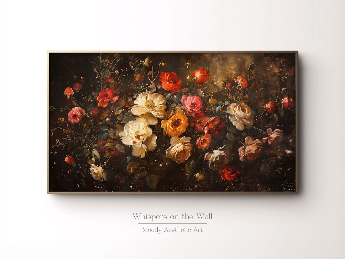 Dark Red Roses Bouquet Moody Floral Still Life Painting Poster - Image 2