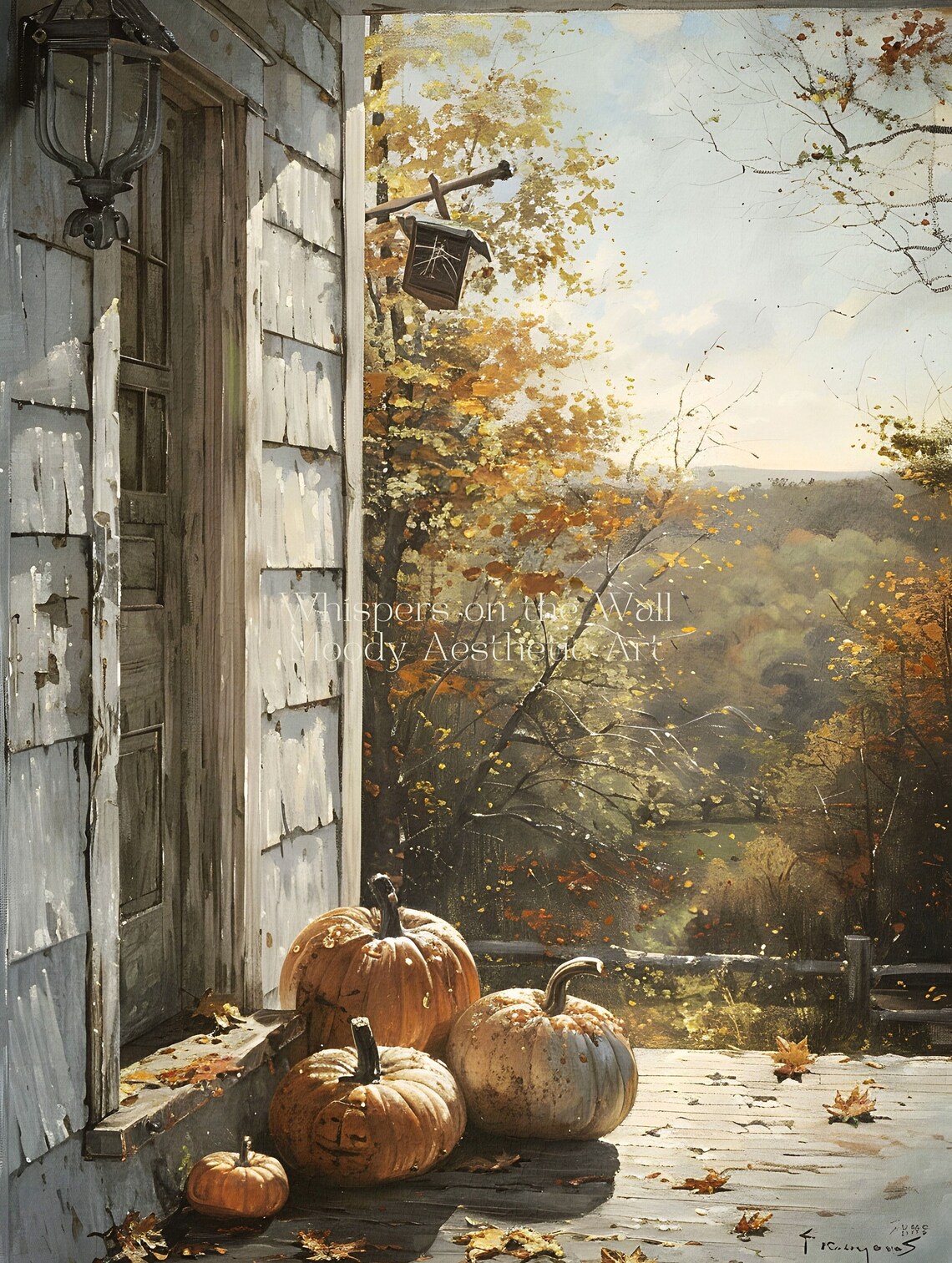 Pumpkins on Rustic Porch Autumn Cottage Oil Painting Fall Poster - Image 5