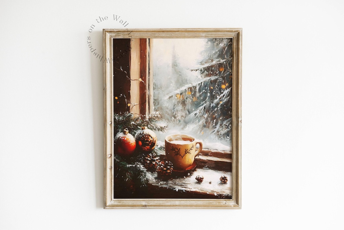 Cozy Christmas Mug Ornaments On Snowy Windowsill Winter Poster