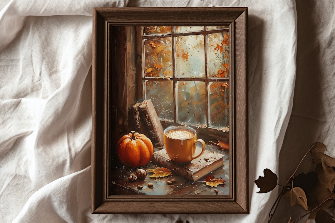Pumpkins and Coffee, Rustic Autumn Art Print - Image 6