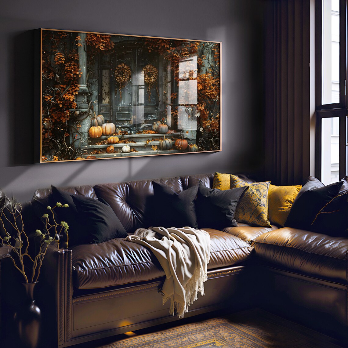 Gothic Halloween Door Pumpkins Moody Fall Vintage Oil Painting Poster - Image 2