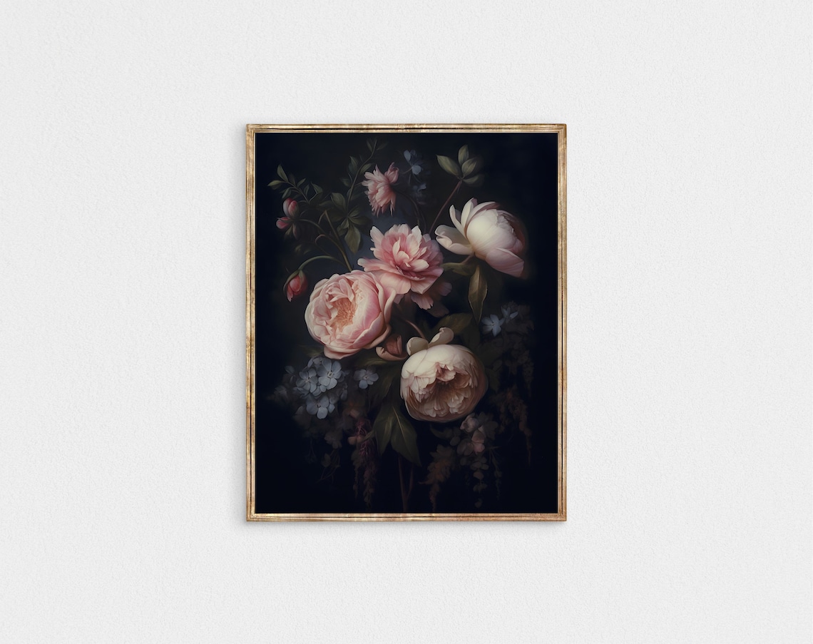 Dark Moody Peony Floral Oil Painting Black Background Decor Poster - Image 3