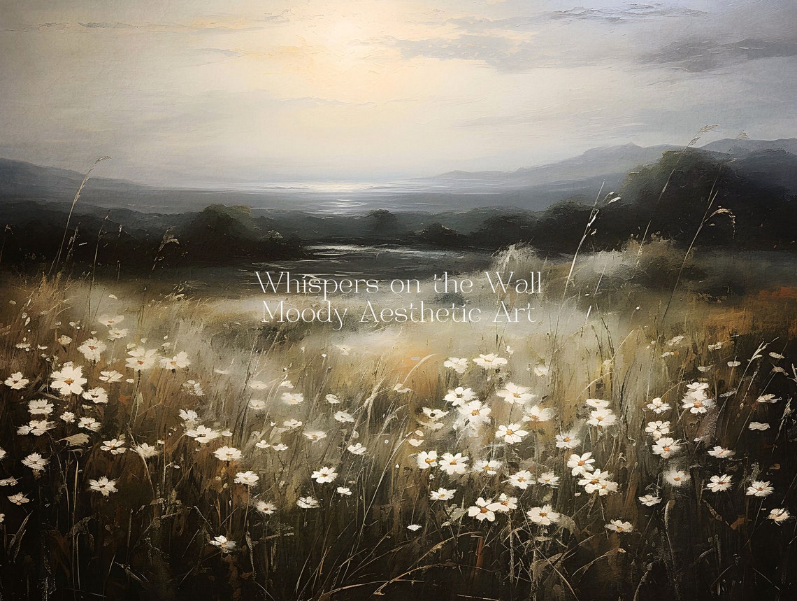 White Wildflowers Meadow with Distant Mountains Moody Landscape Poster - Image 5