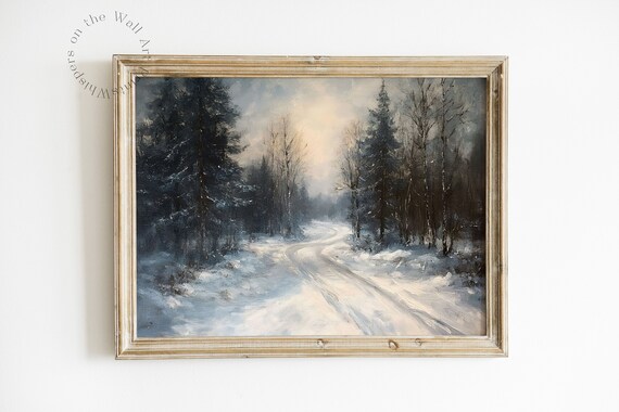 Snowy Winter Road Art Print Vintage Wall Art Moody Christmas Decor Snowy Landscape Art Forest Painting