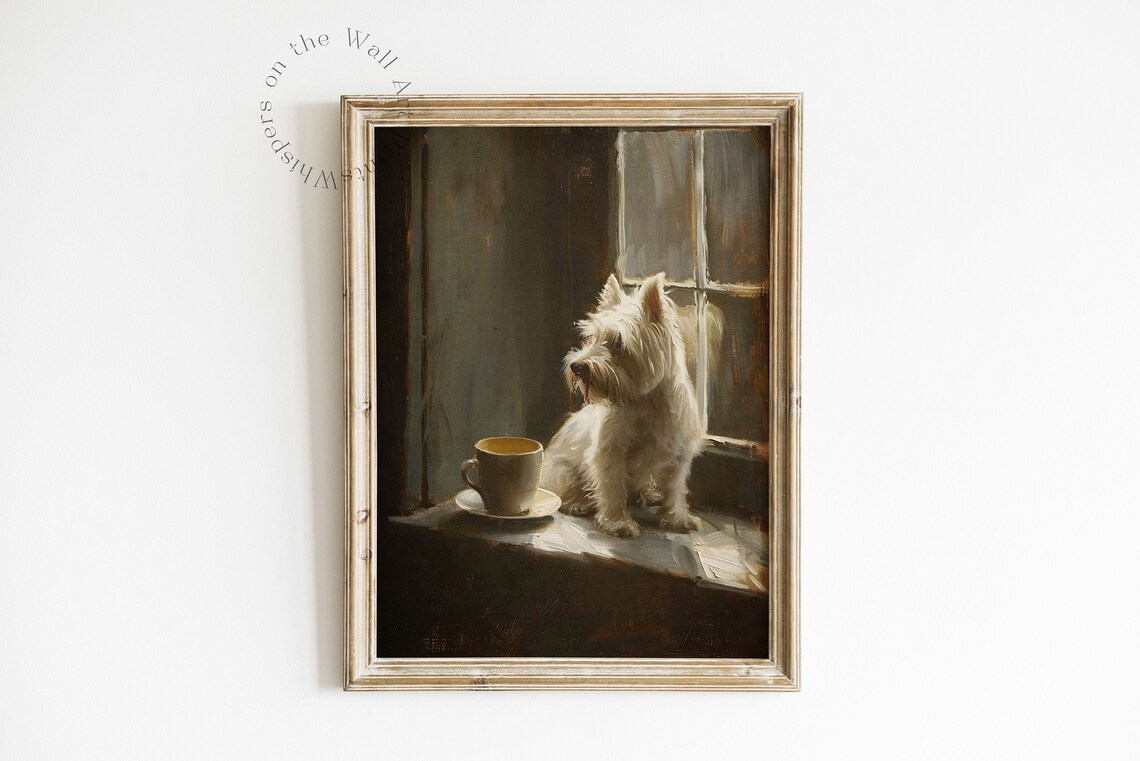 West Highland Terrier Puppy On Windowsill With Teacup Vintage Painting Poster - Image 3