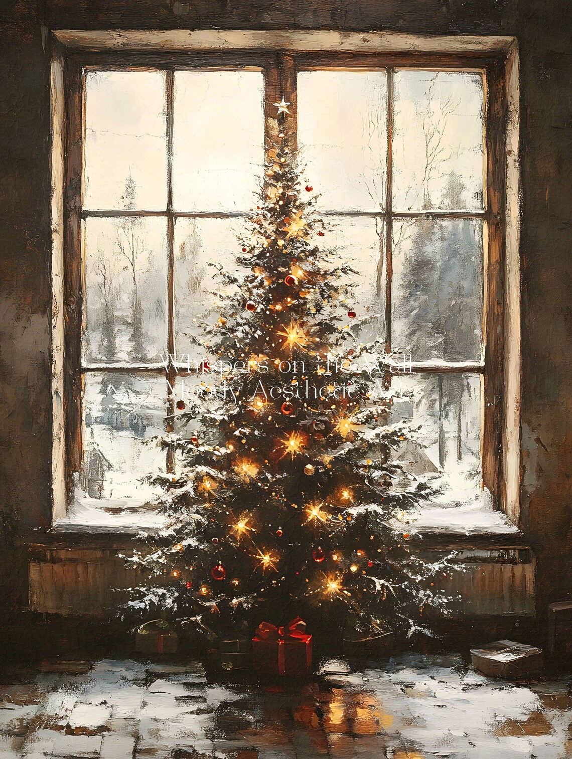 Christmas Tree by Window Glowing Lights Snowy Vintage Holiday Poster - Image 5