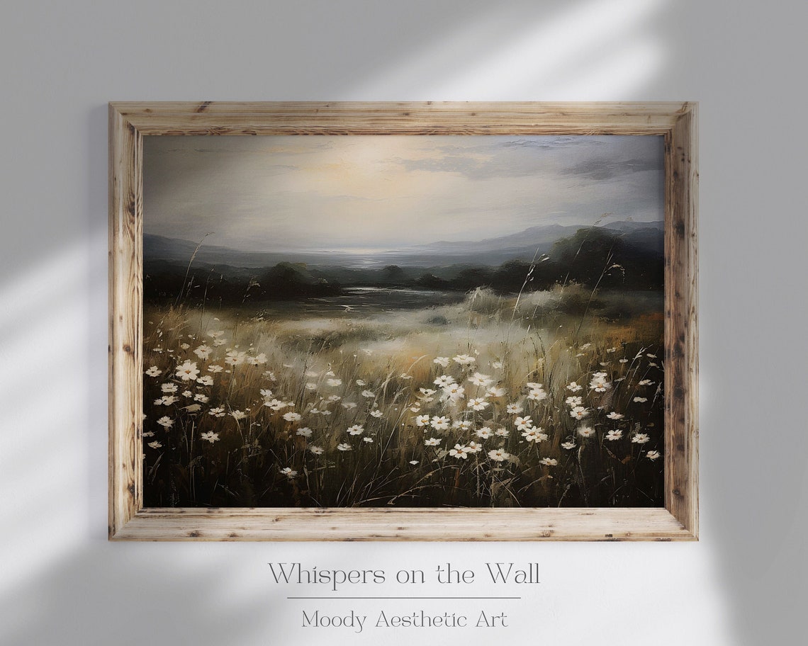 White Wildflowers Meadow with Distant Mountains Moody Landscape Poster - Image 2