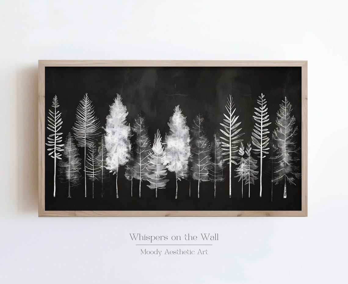White Pine Tree Silhouettes on Black Moody Winter Forest Poster - Image 3