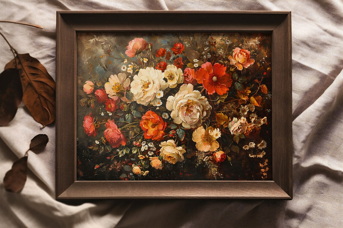 Lush Red and White Roses Dutch Style Dark Floral Painting Poster - Image 2
