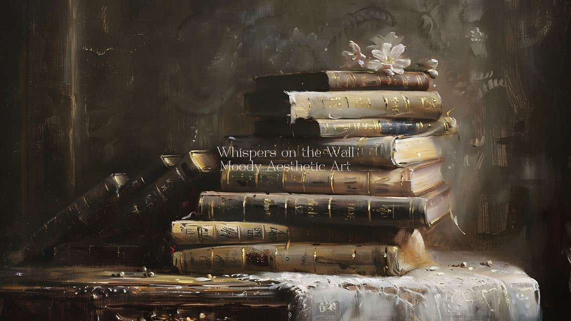 Old Leather Bound Books Still Life Moody Library Painting Poster - Image 5