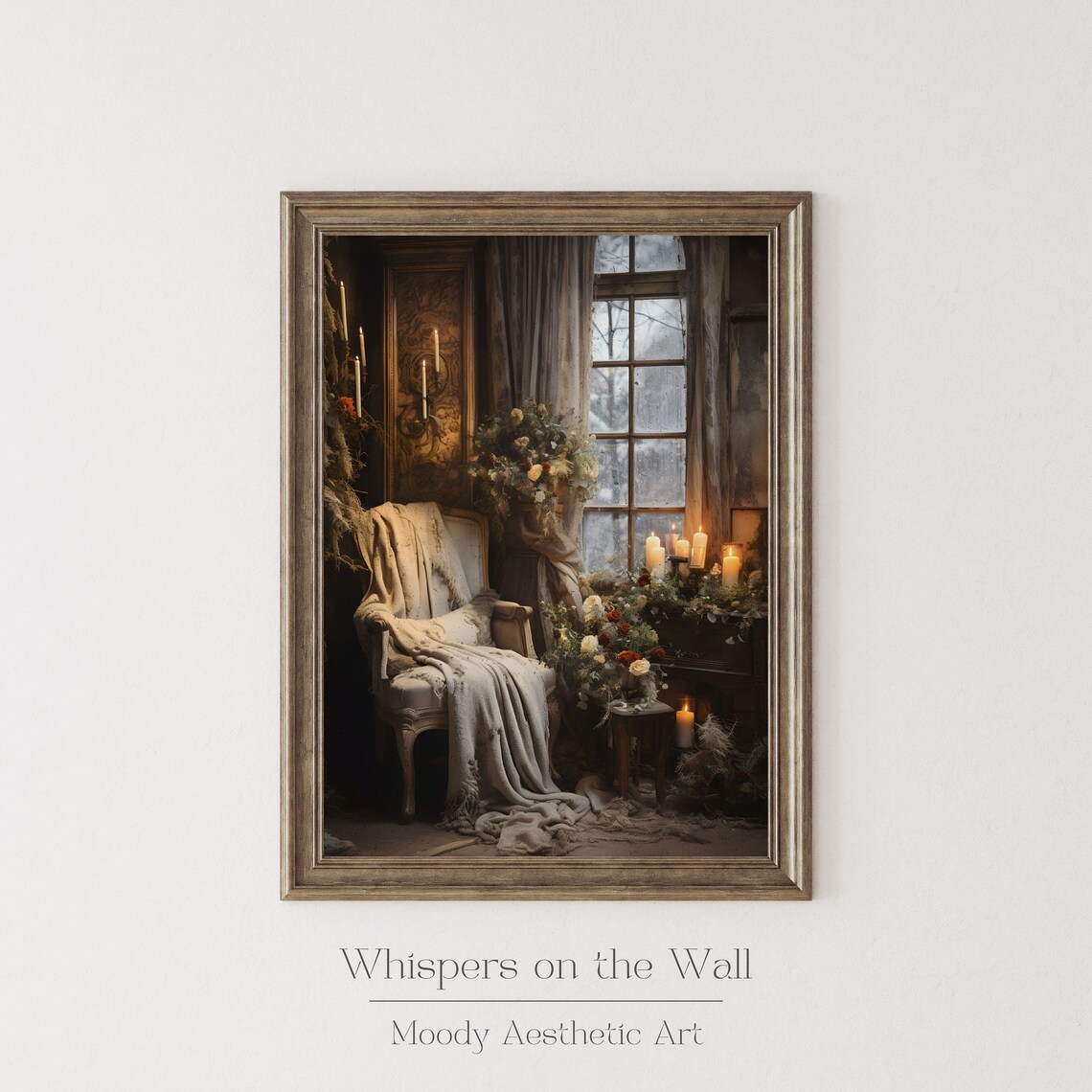Cozy Christmas Reading Chair Candlelit Window Moody Wall Poster