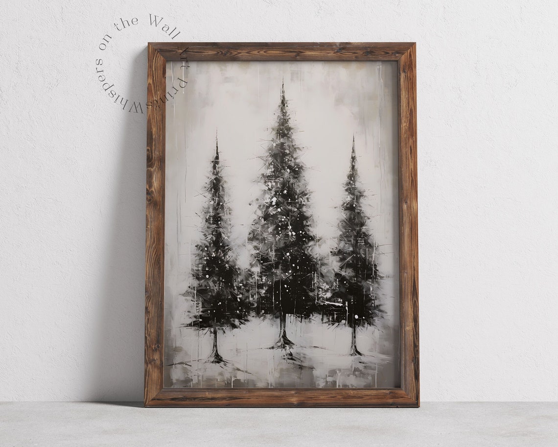 Moody Black and White Winter Pine Trees Silhouette Art Poster - Image 2