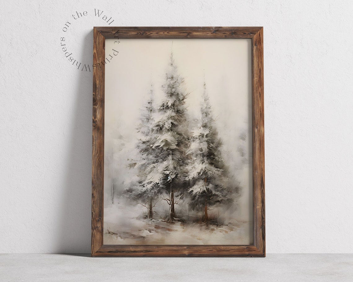 Vintage Christmas Wall Art Print Winter Holiday Decor Moody Christmas Tree Painting Farmhouse Art Print Living Room Art - Image 5