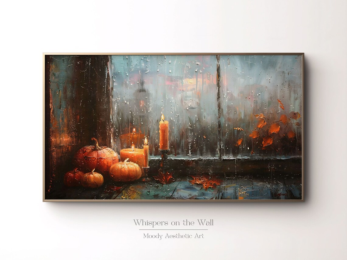 Fall Pumpkins and Candles by Rainy Window Autumn Painting Poster - Image 3