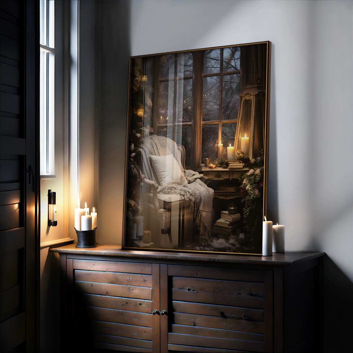 Cozy Night Reading Nook by a Candlelit Window Moody Winter Wall Poster - Image 4