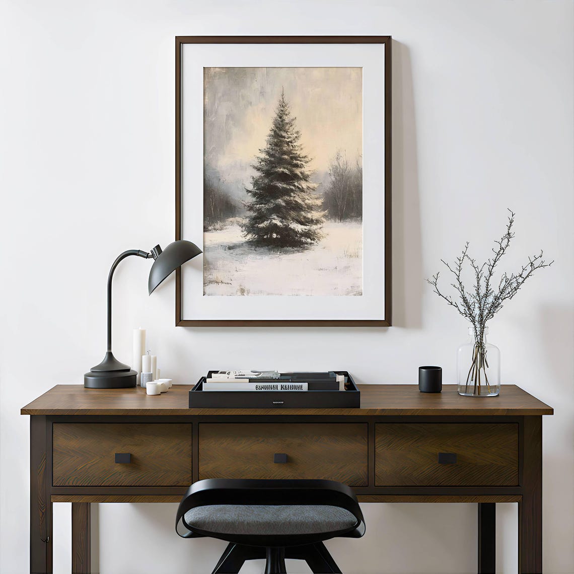 Lone Snow Covered Pine Tree In Misty Winter Field Vintage Poster - Image 2