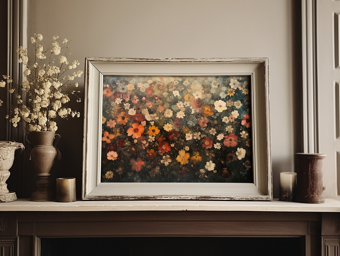 Dense Moody Floral Painting Orange And Red Blossoms On Dark Background Poster - Image 3