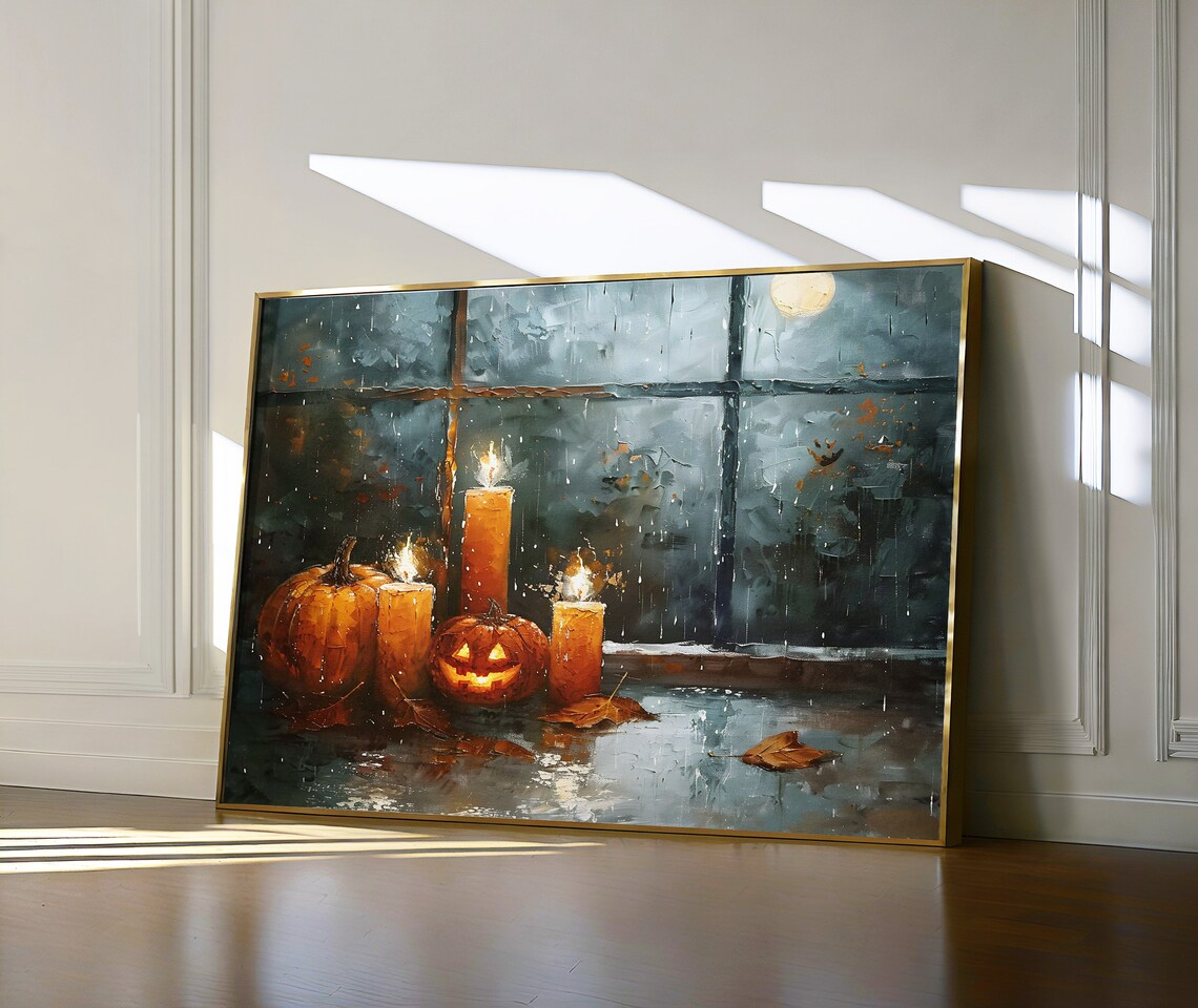 Pumpkins and Jack o Lantern by Moonlit Window Halloween Poster - Image 2