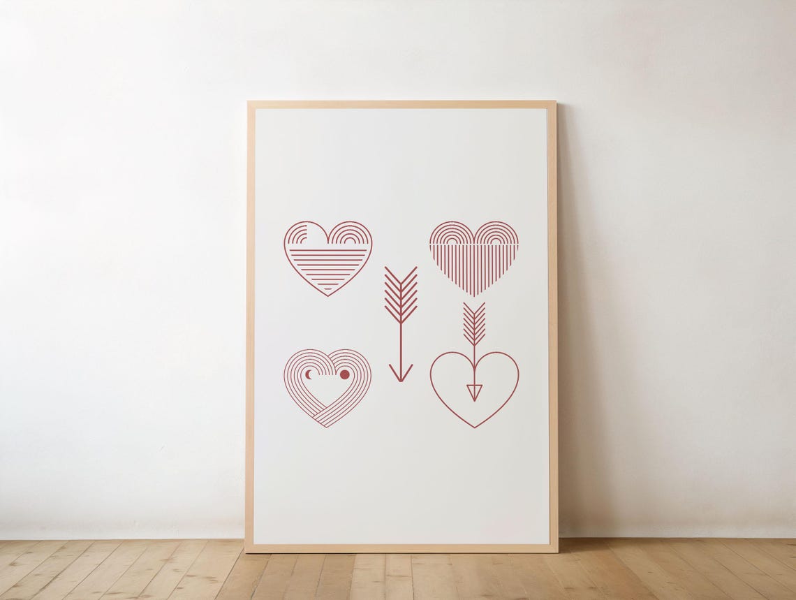 Minimalist Red Heart Line Art Poster Love Arrows Valentine Decor