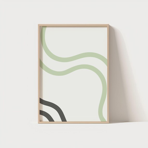 Minimalist Abstract Wall Art Print Green Beige Wavy Lines Poster Modern Scandinavian Decor Neutral Jpg