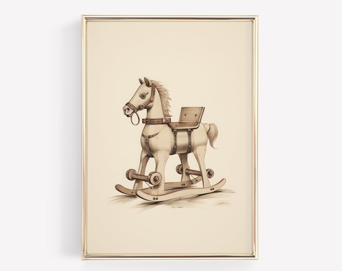 Vintage Wooden Rocking Horse Sepia Sketch Classic Nursery Art Poster