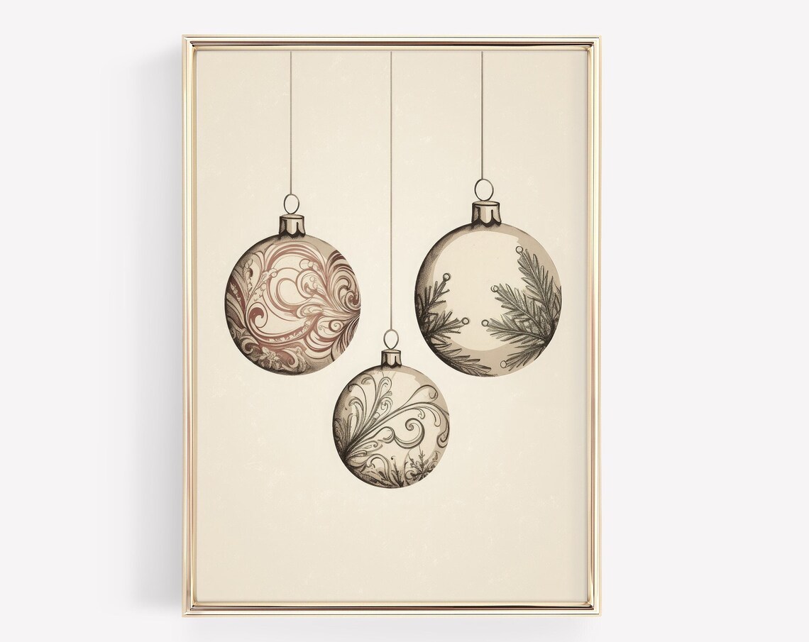 Three Hanging Vintage Christmas Ornaments Sepia Illustration Poster