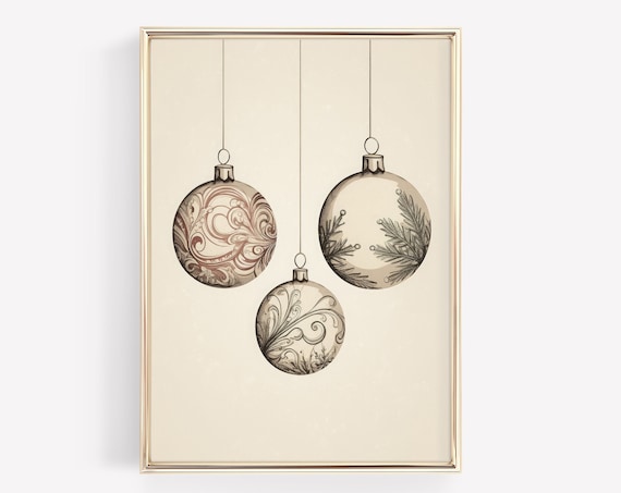 Three Hanging Vintage Christmas Ornaments Sepia Illustration Poster