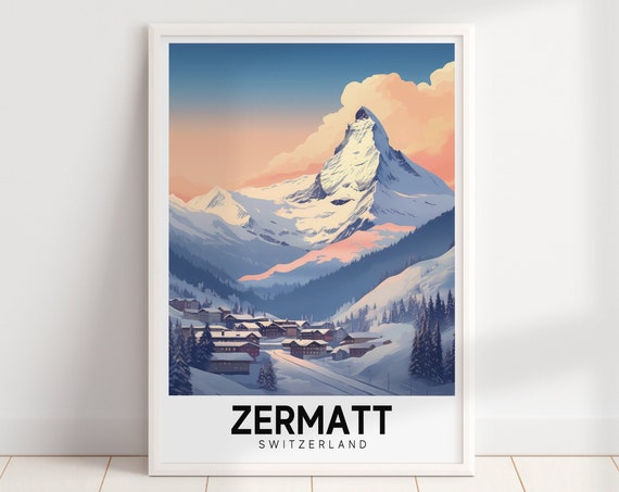 Zermatt Ski Resort Travel Poster Mountain Wall Art Cabin Decor Vintage Poster Ski Wall Art Wall Art