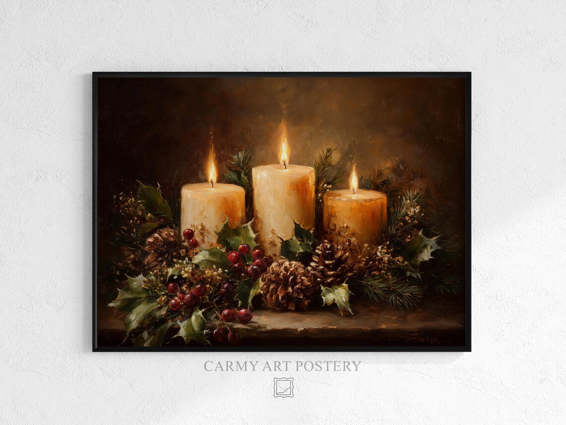Lit Christmas Candles Holly Berries Rustic Still Life Art Poster