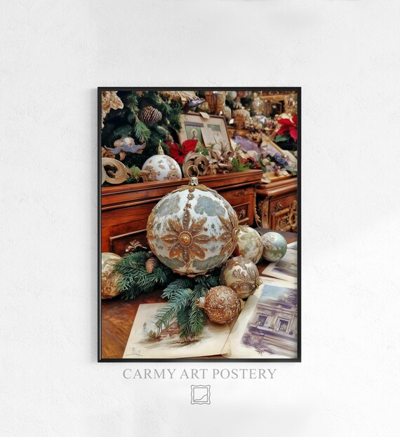 Rustic Gold Christmas Baubles Ornate Holiday Still Life Poster