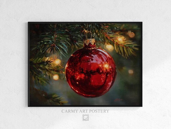 Red Glass Christmas Bauble on Pine Branch Vintage Oil Art Poster