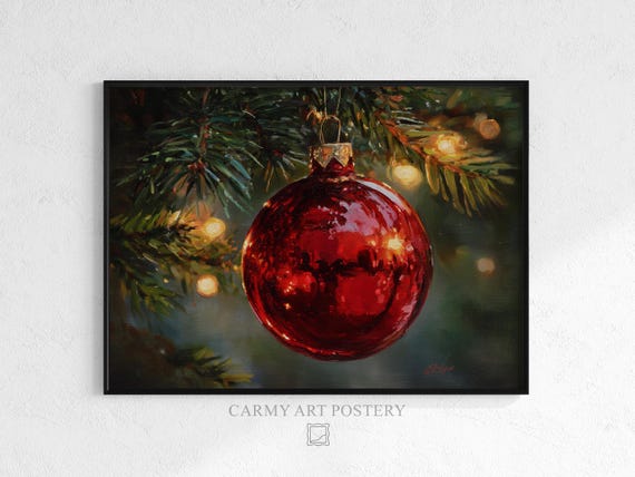 Vintage Red Glass Bauble Portrait Festive Christmas Ornament Art Moody Realistic Wall Cozy Holiday Decor 1203