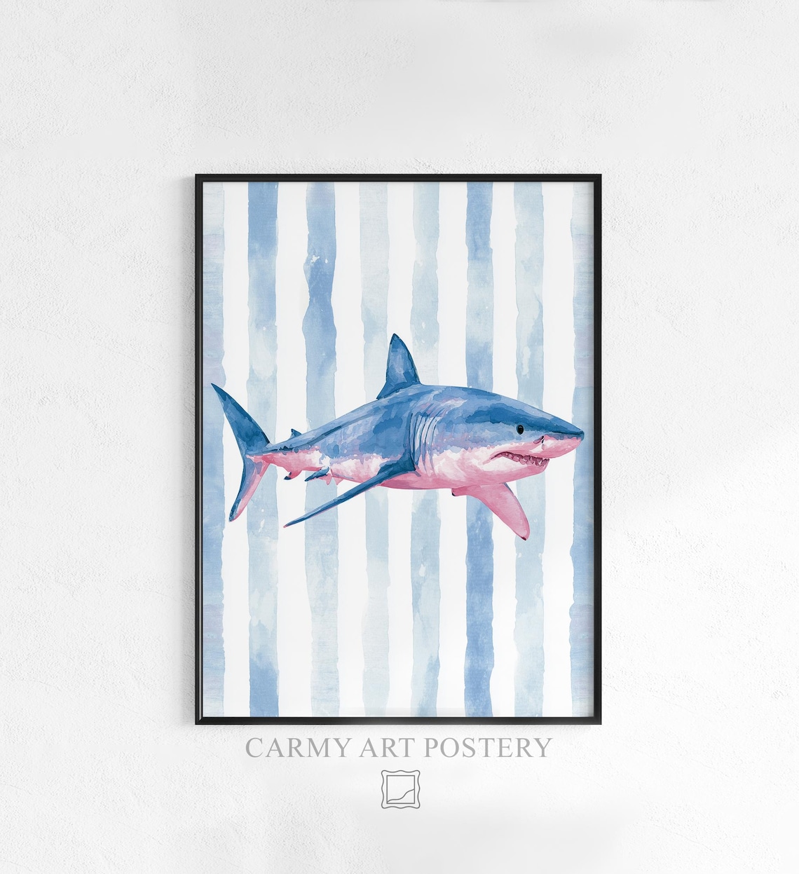 Blue Shark Watercolor on Striped Background Playful Ocean Art Poster