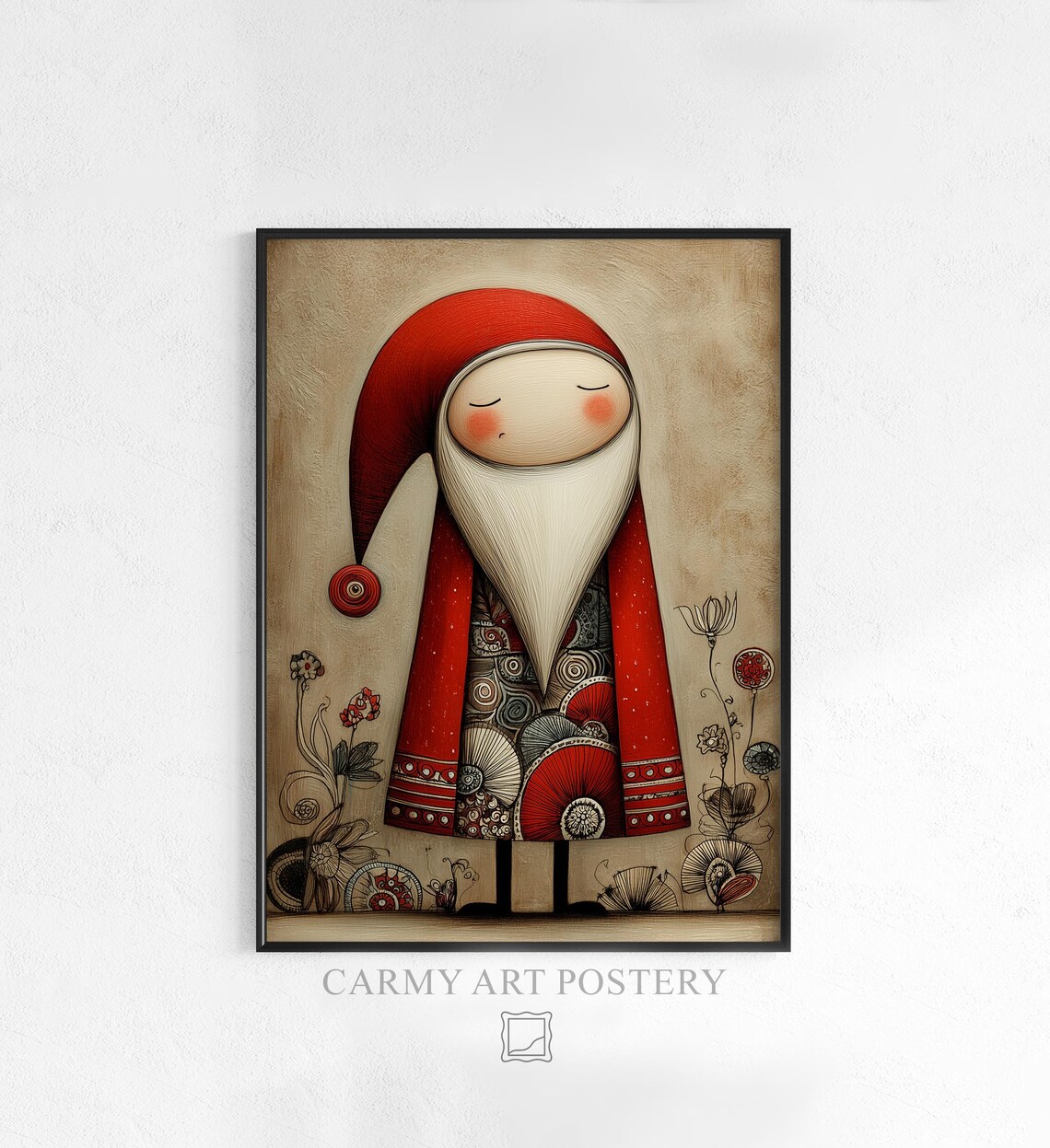 Cute Vintage Santa Claus Folk Art Christmas Illustration Poster