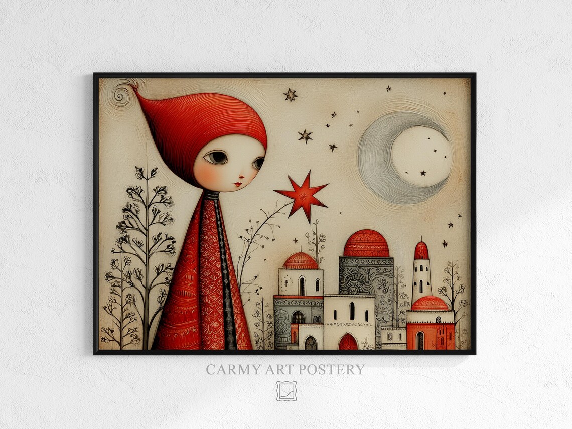 Red Hooded Child Starry Night Village Whimsical Folk Art Print