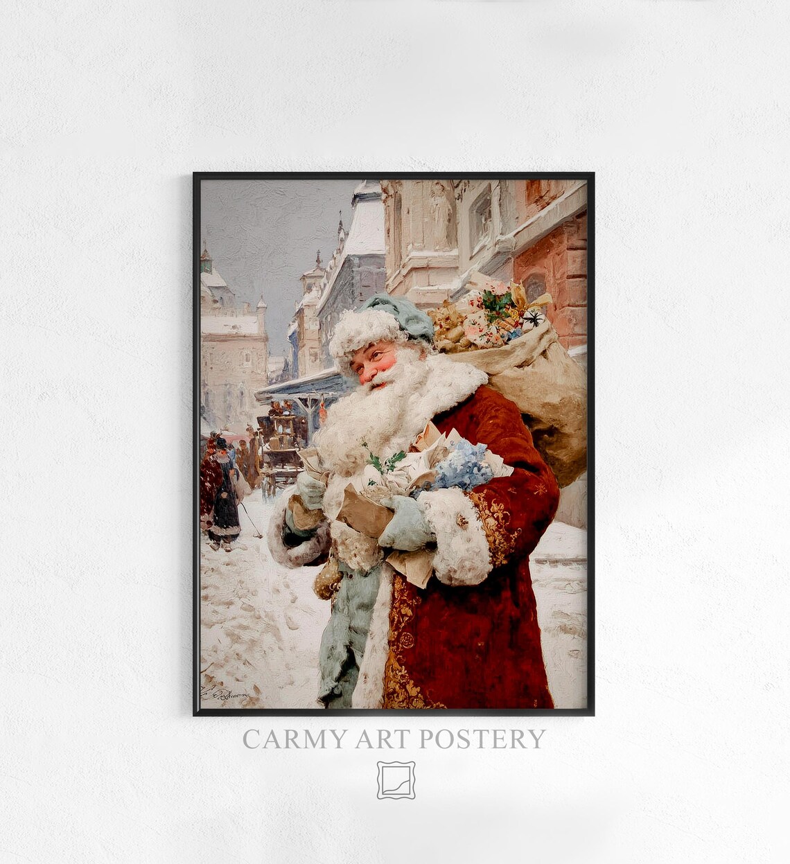 Vintage Santa Claus Postcard Art Poster Snowy Winter Village Street