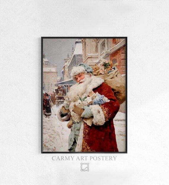 Vintage Santa Claus Postcard Art Poster Snowy Winter Village Street