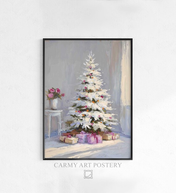 White Christmas Tree Pink Gifts Watercolor Painting Soft Holiday Poster