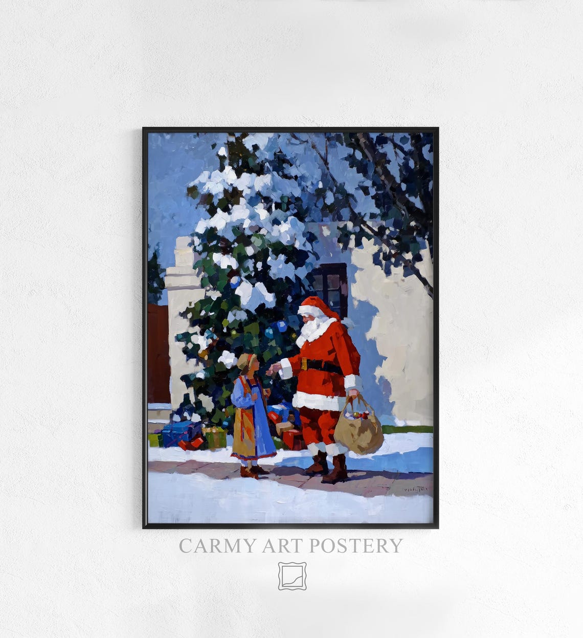 Classic Santa Claus Handing Gift To Child Festive Christmas Scene Vintage Holiday Art Cozy Winter Wonderland Illustration 1198