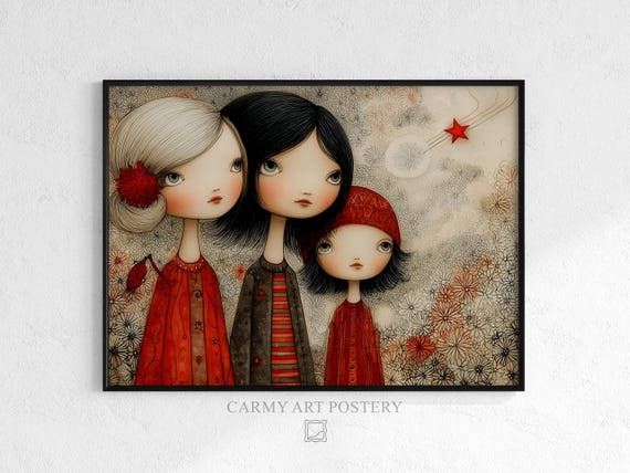 Vintage Folk Art Girls Print Moody Trio Artwork Elongated Figures With Stars Earthy Wall Decor Unique 431
