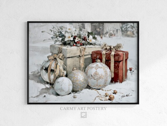 Vintage Christmas Gifts Gold Baubles Snowy Still Life Painting Poster