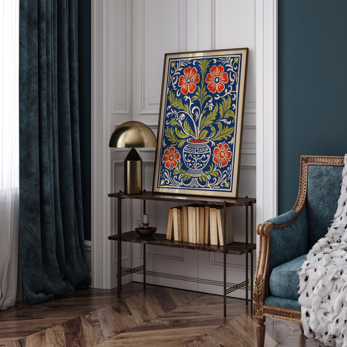 Indigo Blue Rococo Floral Urn Red Blooms Morris Style Poster - Image 5