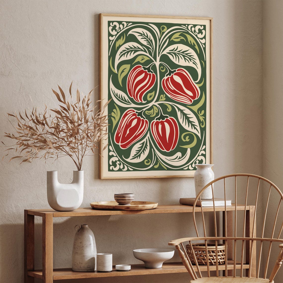 Red Bell Peppers Rococo Green Kitchen Botanical Vintage Art Poster - Image 5