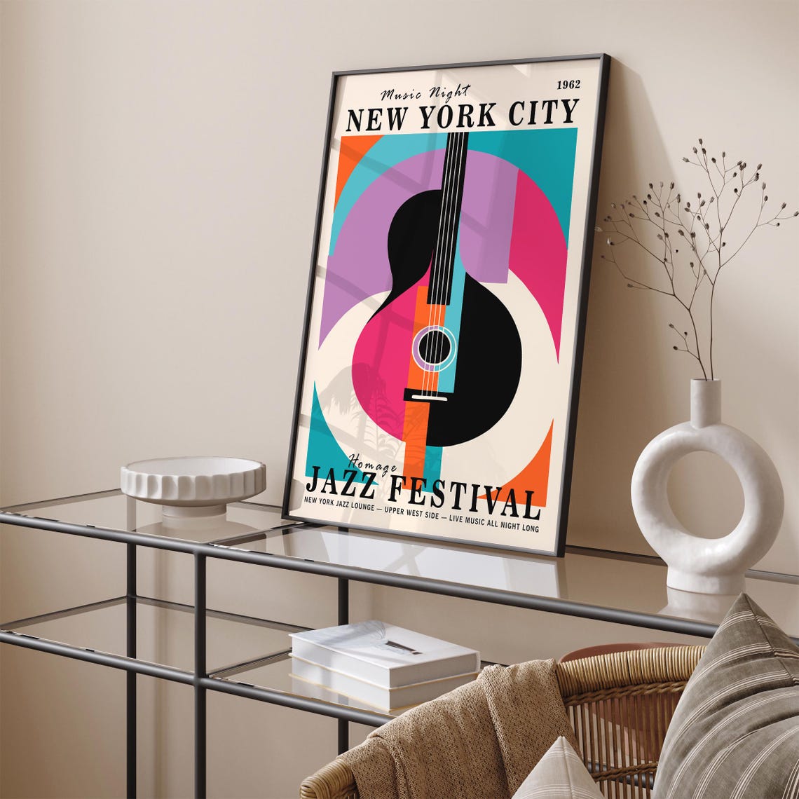 Nyc Jazz Festival Poster Retro Music Night Art Print Colorful Guitar Design New York City Airbnb Poster Mid Century Modern Wall Decor - Image 3