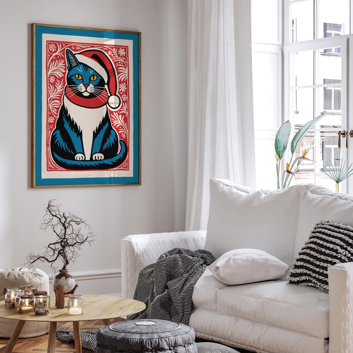 Blue Christmas Cat in Santa Hat Red Floral Folk Border Fun Poster - Image 4