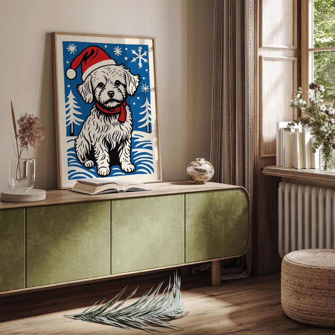 Cute Maltese Puppy in Santa Hat Snowy Blue Christmas Scene Poster - Image 2