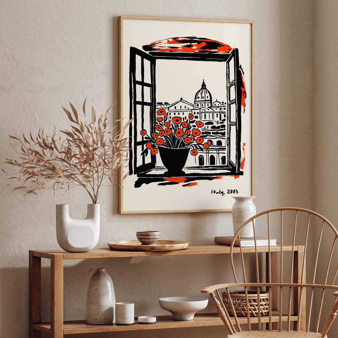 Italy 2003 Open Window Rome Dome Red Poppy Flowers Ink Sketch Poster - Image 5