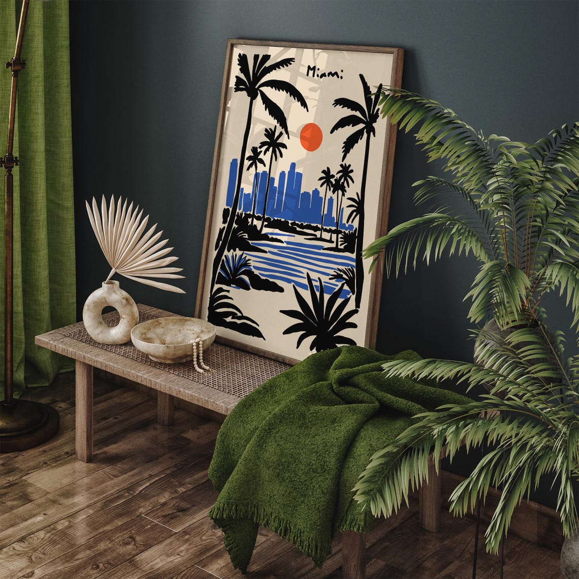Miami Skyline Sunset Palm Trees Blue Black Tropical Travel Poster - Image 3