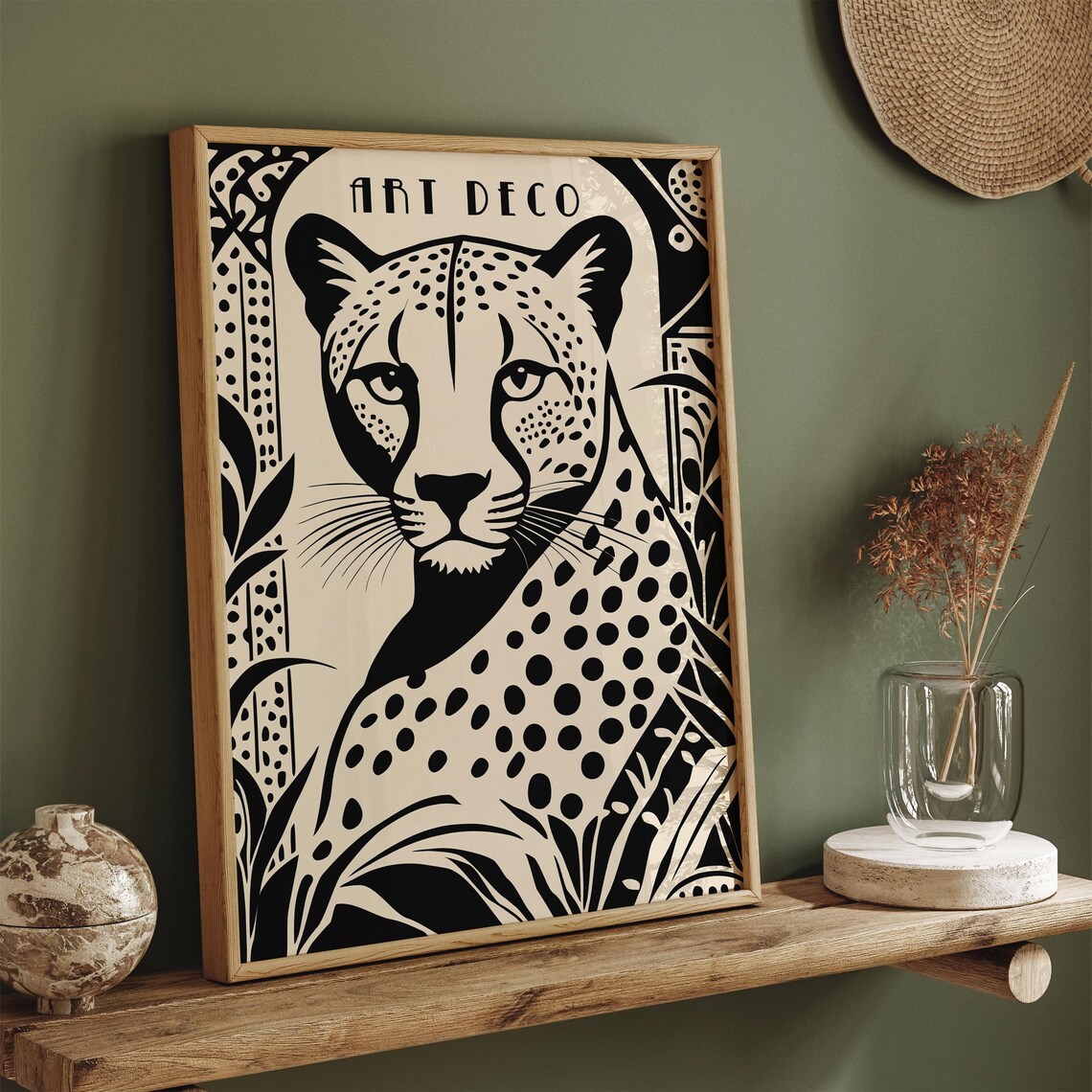 Art Deco Cheetah Portrait Black Beige Tropical Jungle Art Poster - Image 4