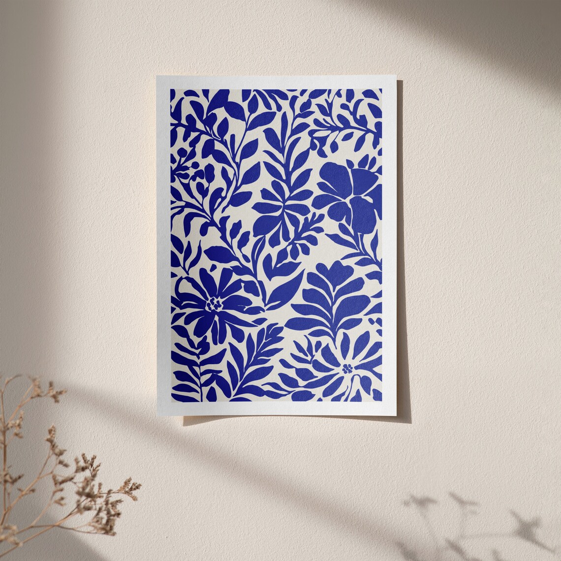 Cobalt Blue Botanical Floral Pattern Cream Minimalist Art Poster - Image 3